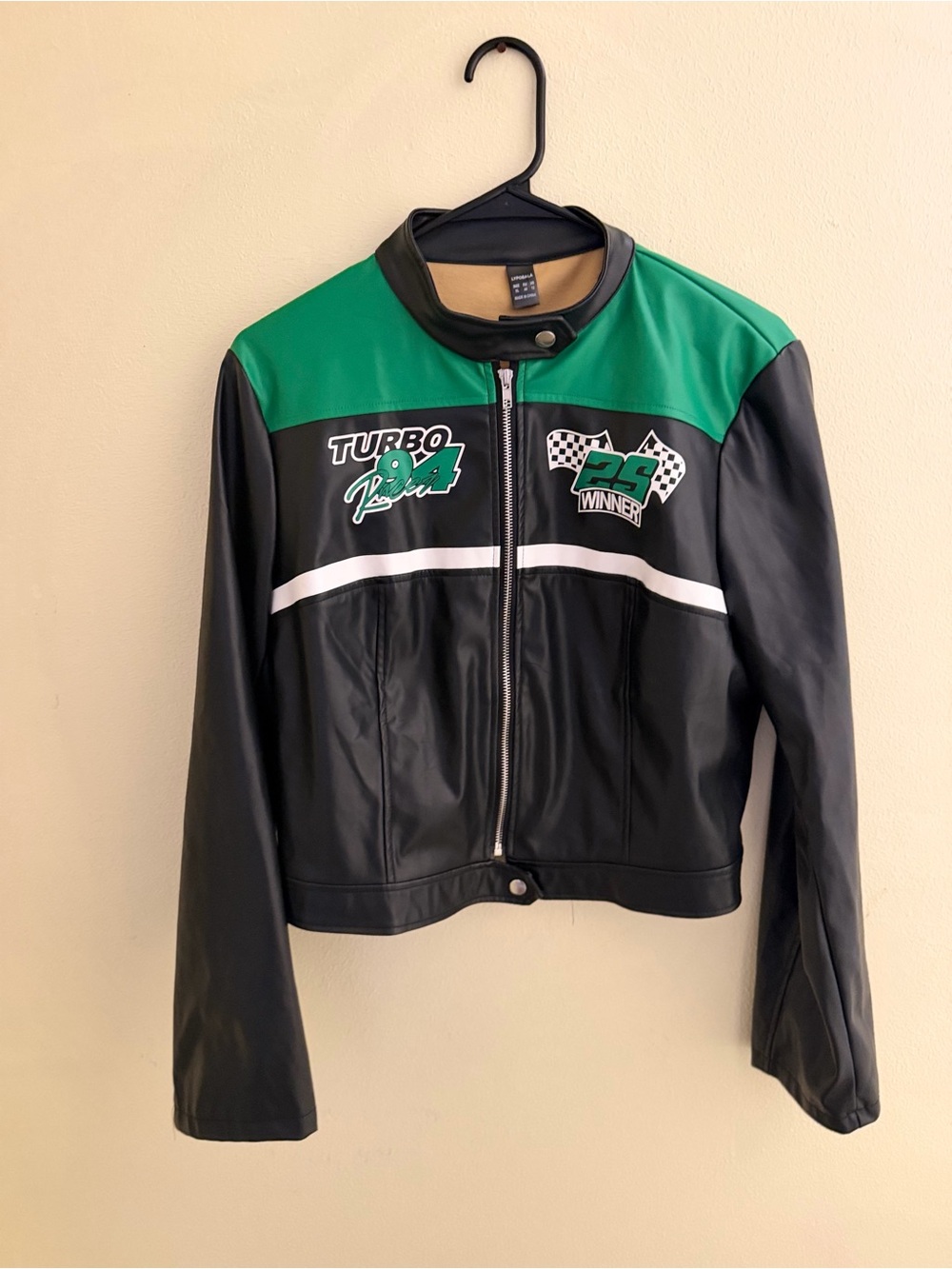 Women's Black Faux Leather Jacket with Green Yoke